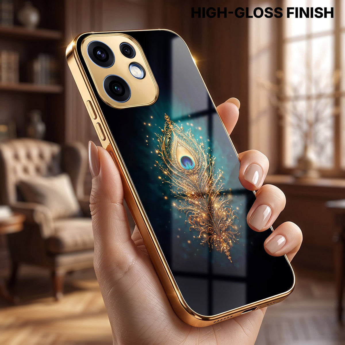 Oppo Reno 16 5G Golden Peacock Feather Gold Electroplated Glass Phone Back Case