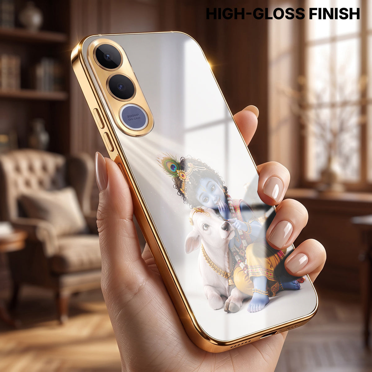 Vivo V70 Fe Bal Krishna Blessings Gold Electroplated Glass Phone Back Case