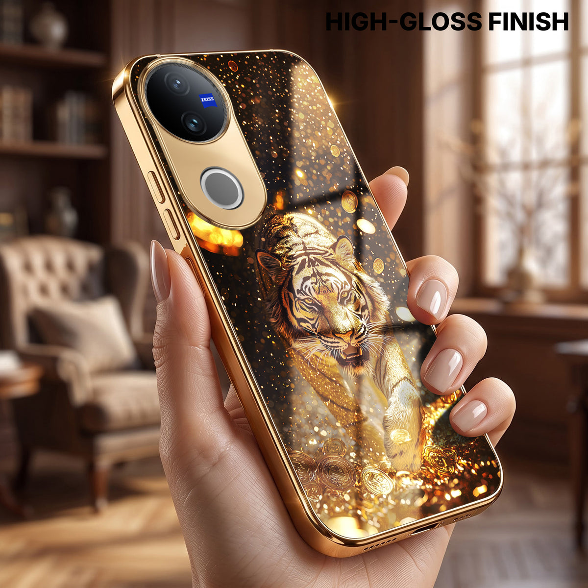 Vivo V50 5G Luxury Tiger Gold Electroplated Glass Phone Back Case