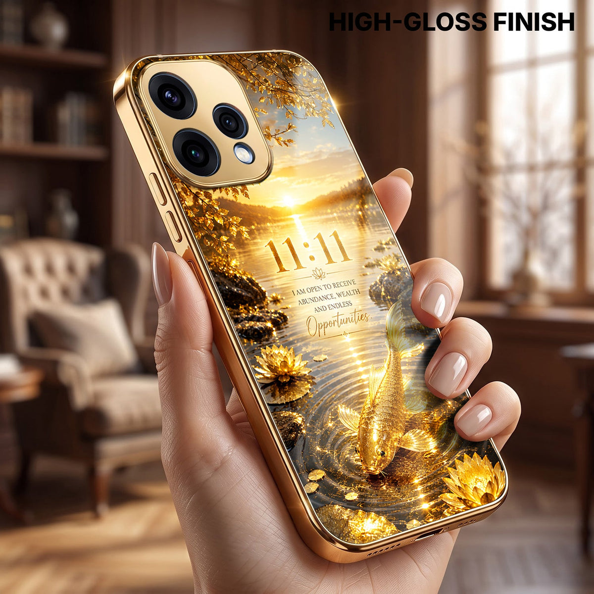 Oppo Reno 15 5G 11:11 Manifestation Gold Electroplated Glass Phone Back Case
