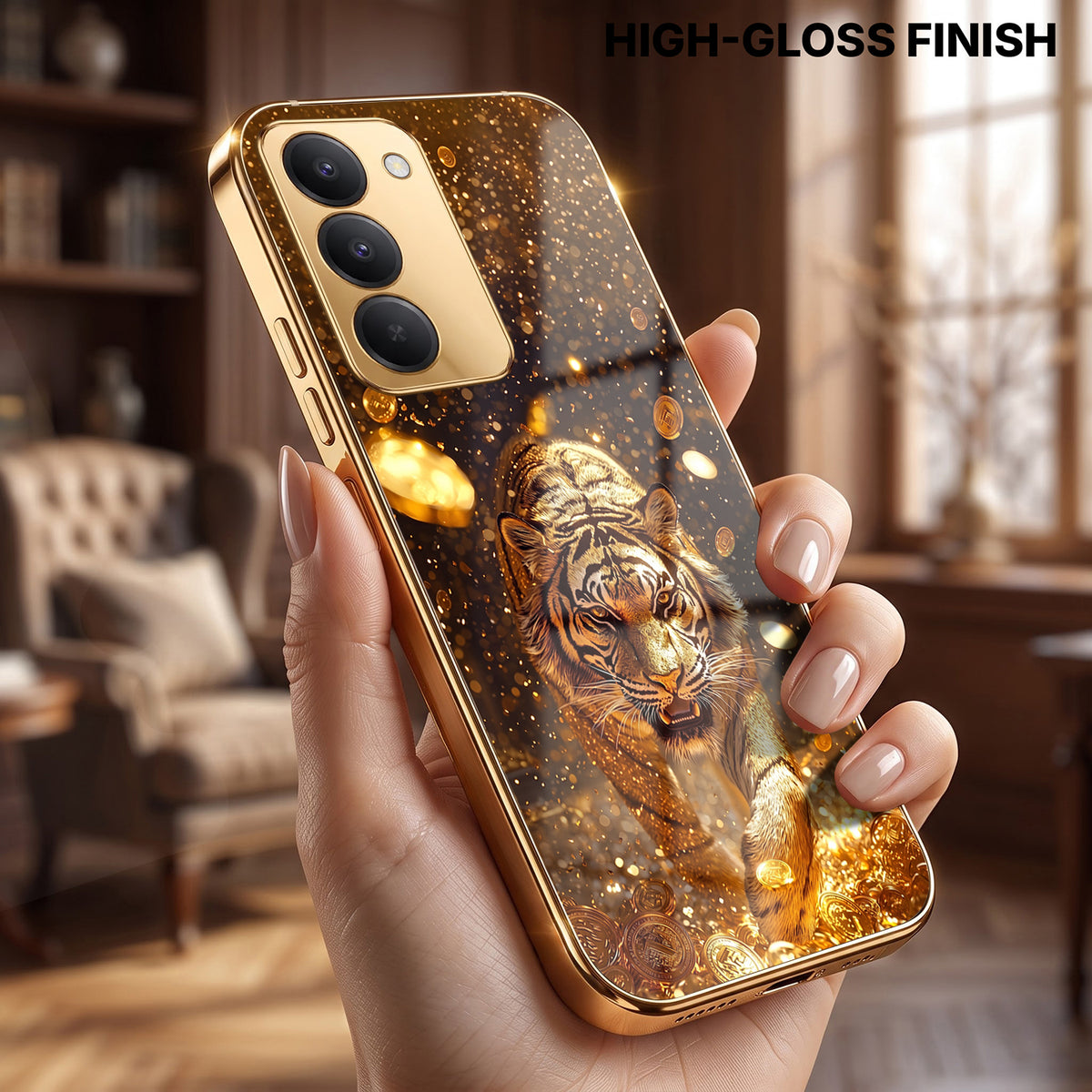 Redmi 15 5G Luxury Tiger Gold Electroplated Glass Phone Back Case