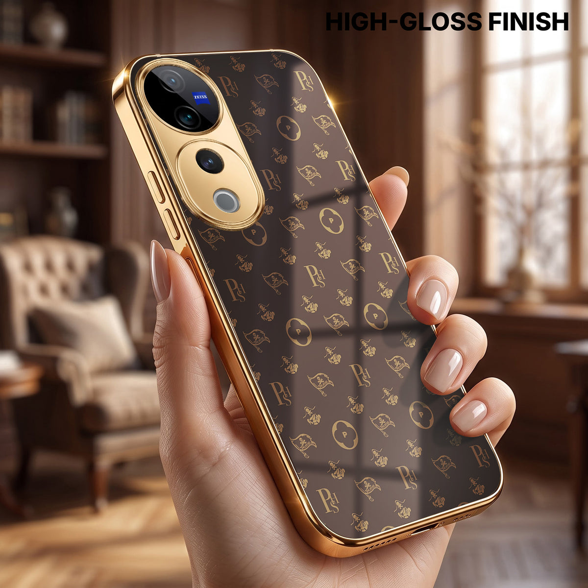 Vivo V40 Pro 5G Luxury Monogram Brown Gold Electroplated Glass Phone Back Case
