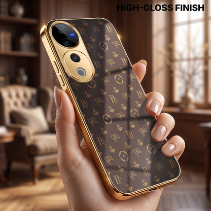 Vivo V40 Pro 5G Luxury Monogram Brown Gold Electroplated Glass Phone Back Case