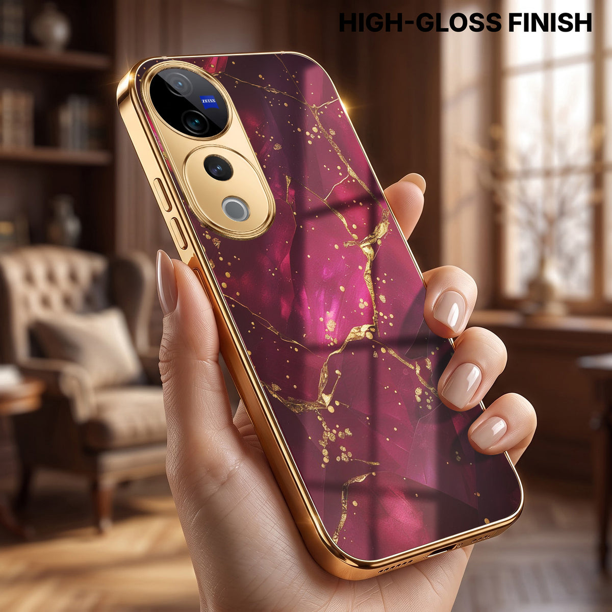 Vivo V40 Pro 5G Luxury Crimson Marble Gold Electroplated Glass Phone Back Case