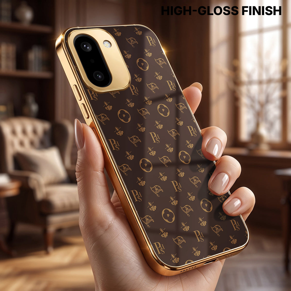 OnePlus 15R 5G Luxury Monogram Brown Gold Electroplated Glass Phone Back Case