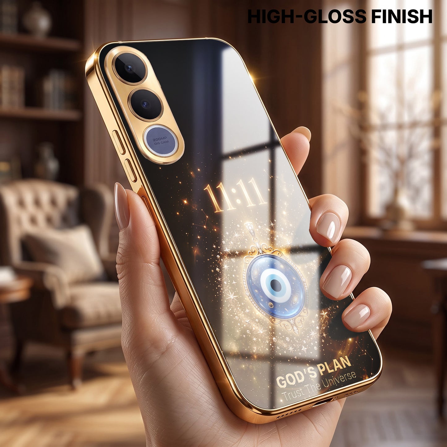 Vivo V70 Fe God’s Plan Evil Eye Gold Electroplated Glass Phone Back Case