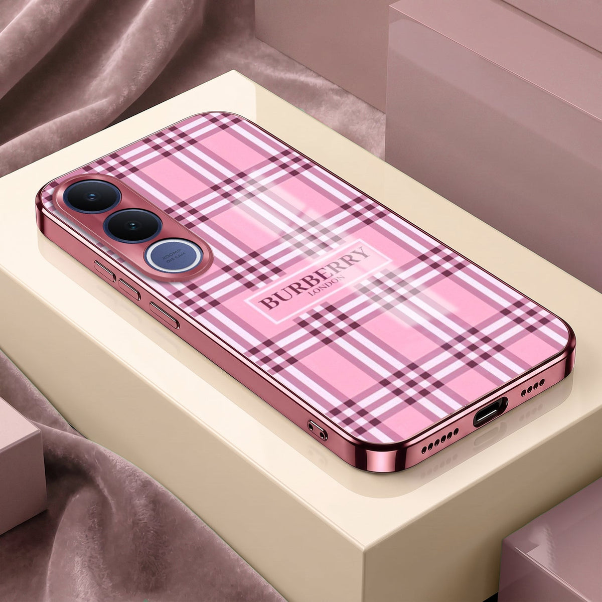 Vivo V70 FE 5G Burberry Classic Pink Electroplated Glass Phone Back Case