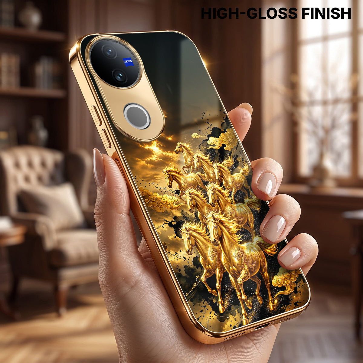 Vivo V50 5G Horses Royal Glory Gold Electroplated Glass Phone Back Case