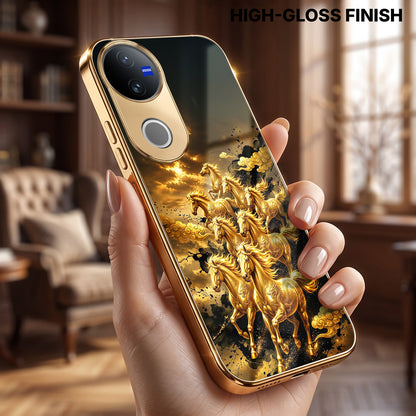 Vivo V50 5G Horses Royal Glory Gold Electroplated Glass Phone Back Case