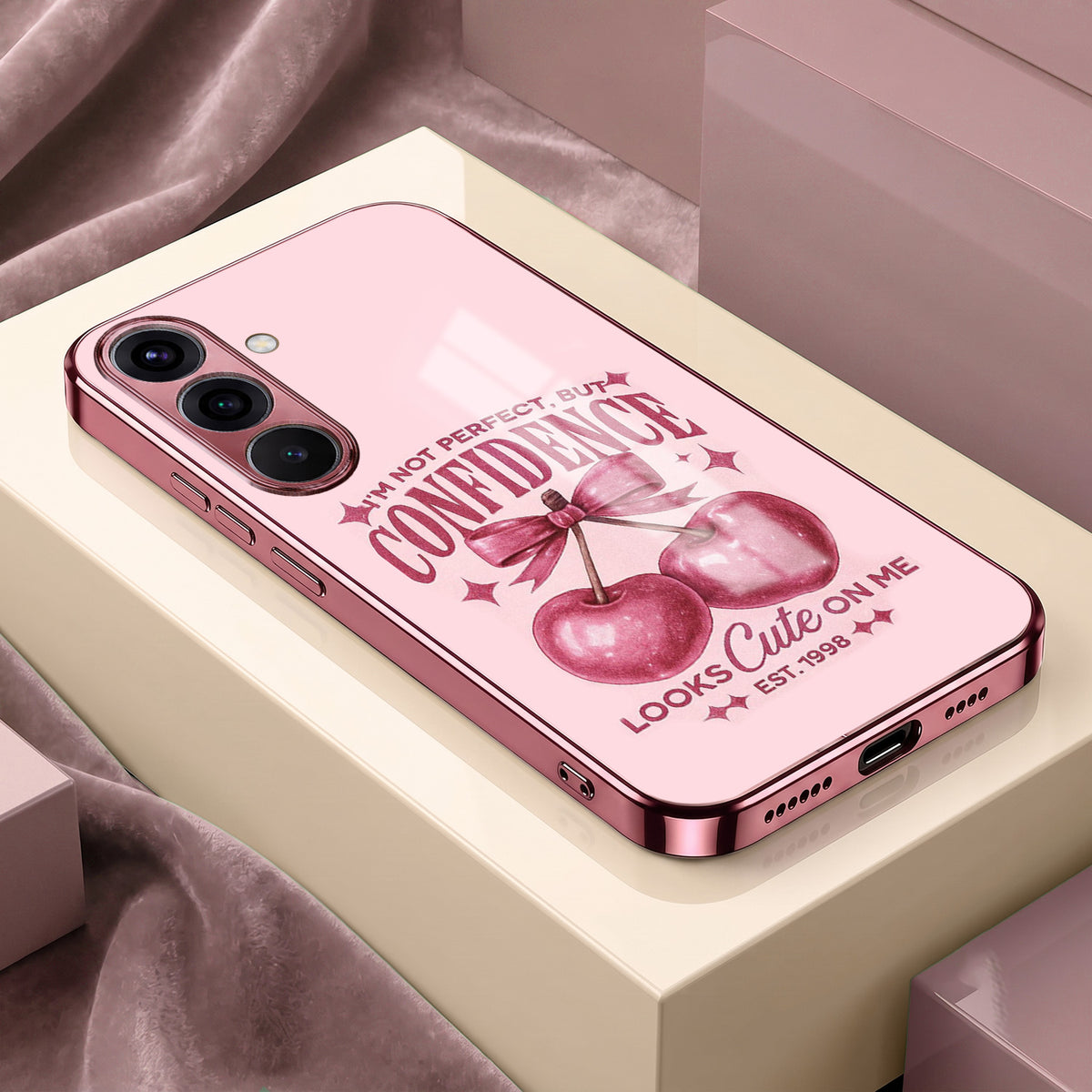Samsung Galaxy A36 5G Luxury Cherry Bow Pink Electroplated Glass Phone Back Case