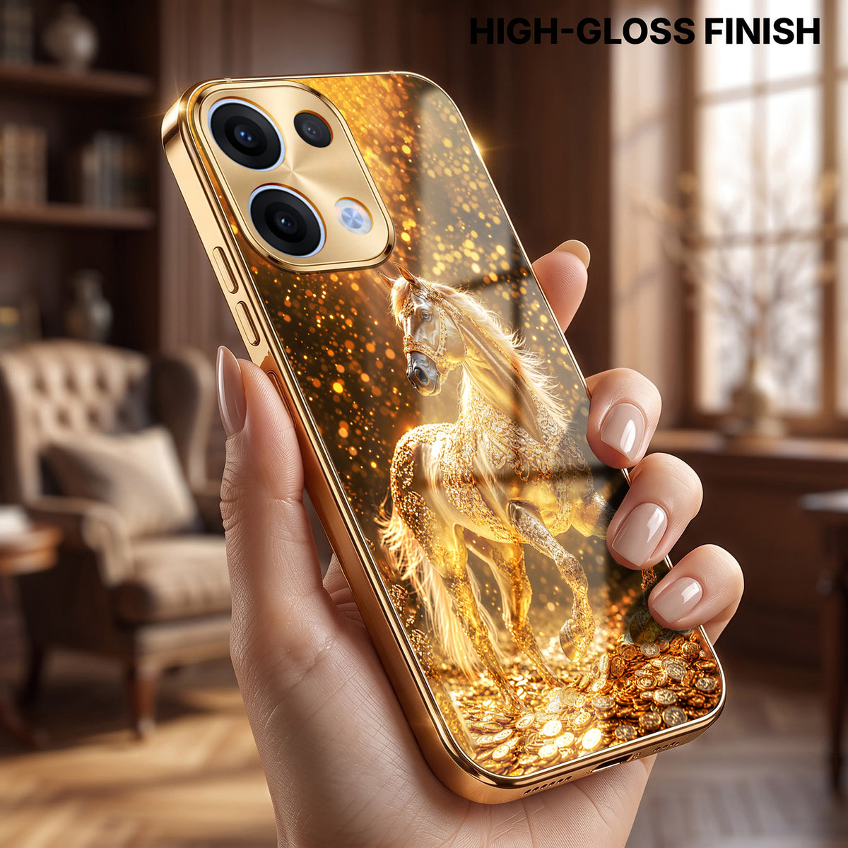 Oppo Reno 13 5G Golden Horse Sparkle Gold Electroplated Glass Phone Back Case