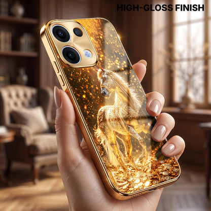 Oppo Reno 13 5G Golden Horse Sparkle Gold Electroplated Glass Phone Back Case