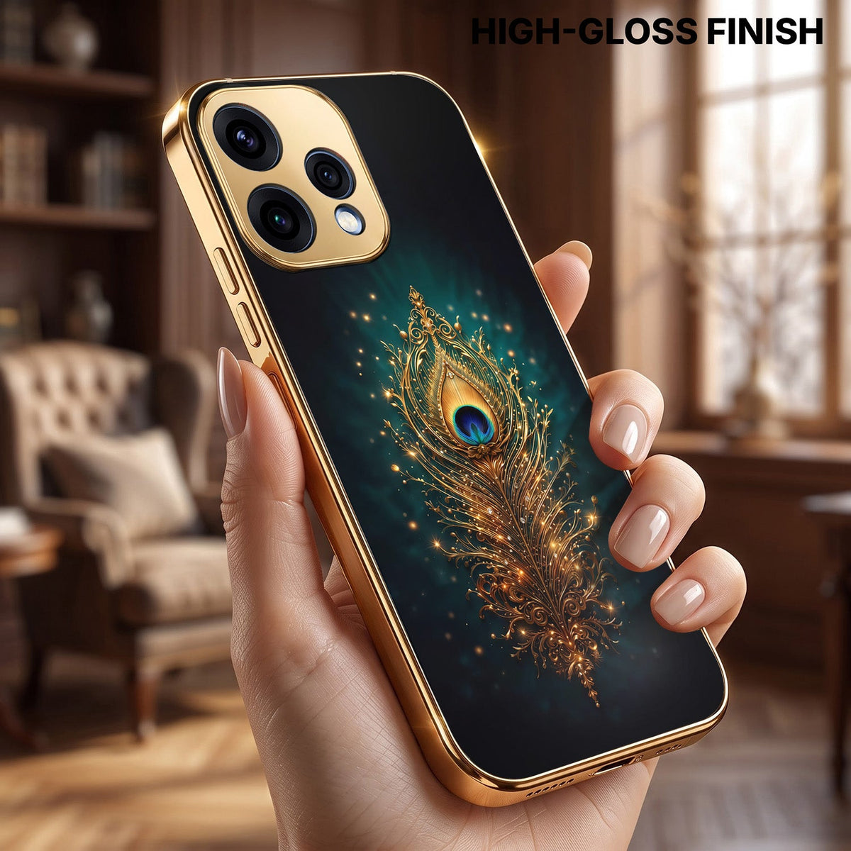Oppo Reno 15 5G Golden Peacock Feather Gold Electroplated Glass Phone Back Case