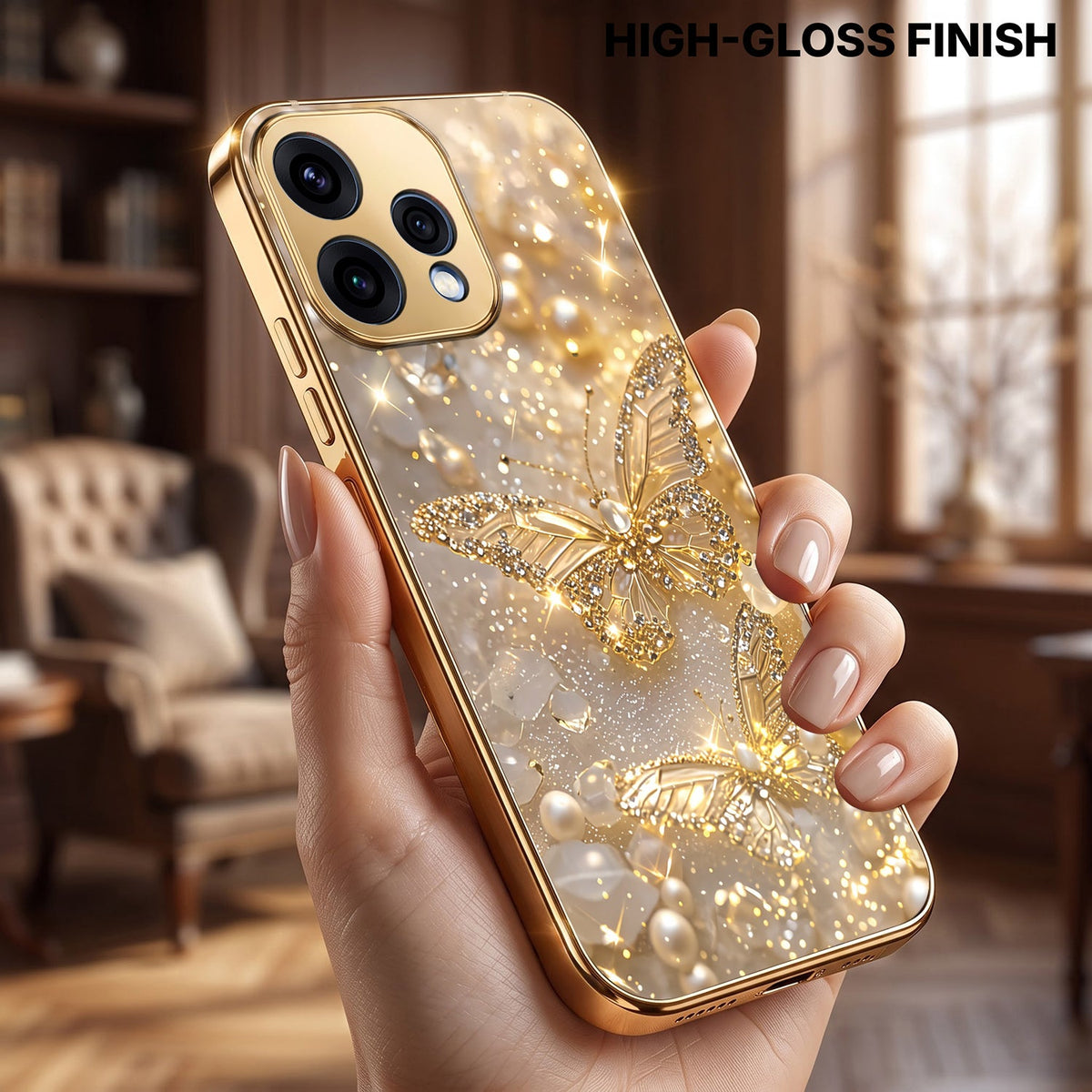 Oppo Reno 15 5G Golden Butterfly Gold Electroplated Glass Phone Back Case