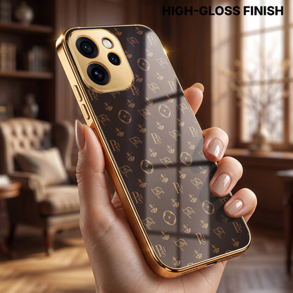 Oppo Reno 15 Pro Mini 5G Luxury Monogram Brown Gold Electroplated Glass Phone Back Case