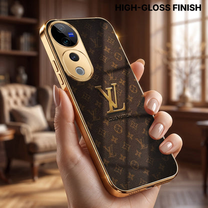 Vivo V40 Pro 5G LV Brown Monogram Gold Electroplated Glass Phone Back Case