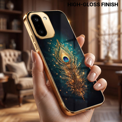 OnePlus 15R 5G Golden Peacock Feather Gold Electroplated Glass Phone Back Case