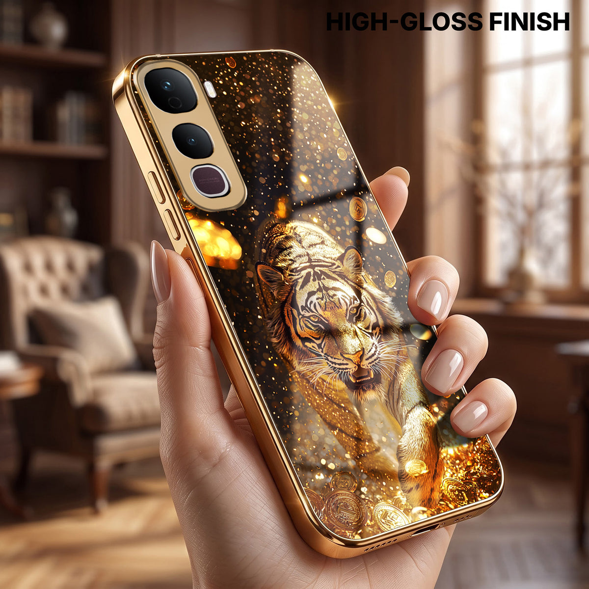Vivo Y400 Pro 5G Luxury Tiger Gold Electroplated Glass Phone Back Case
