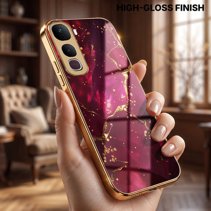Vivo Y400 Pro 5G Luxury Crimson Marble Gold Electroplated Glass Phone Back Case