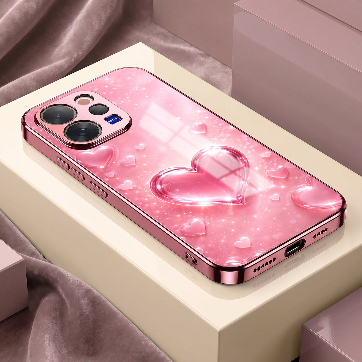 Vivo V70 5G Luxury 3D Jelly Heart Pink Electroplated Glass Phone Back Case