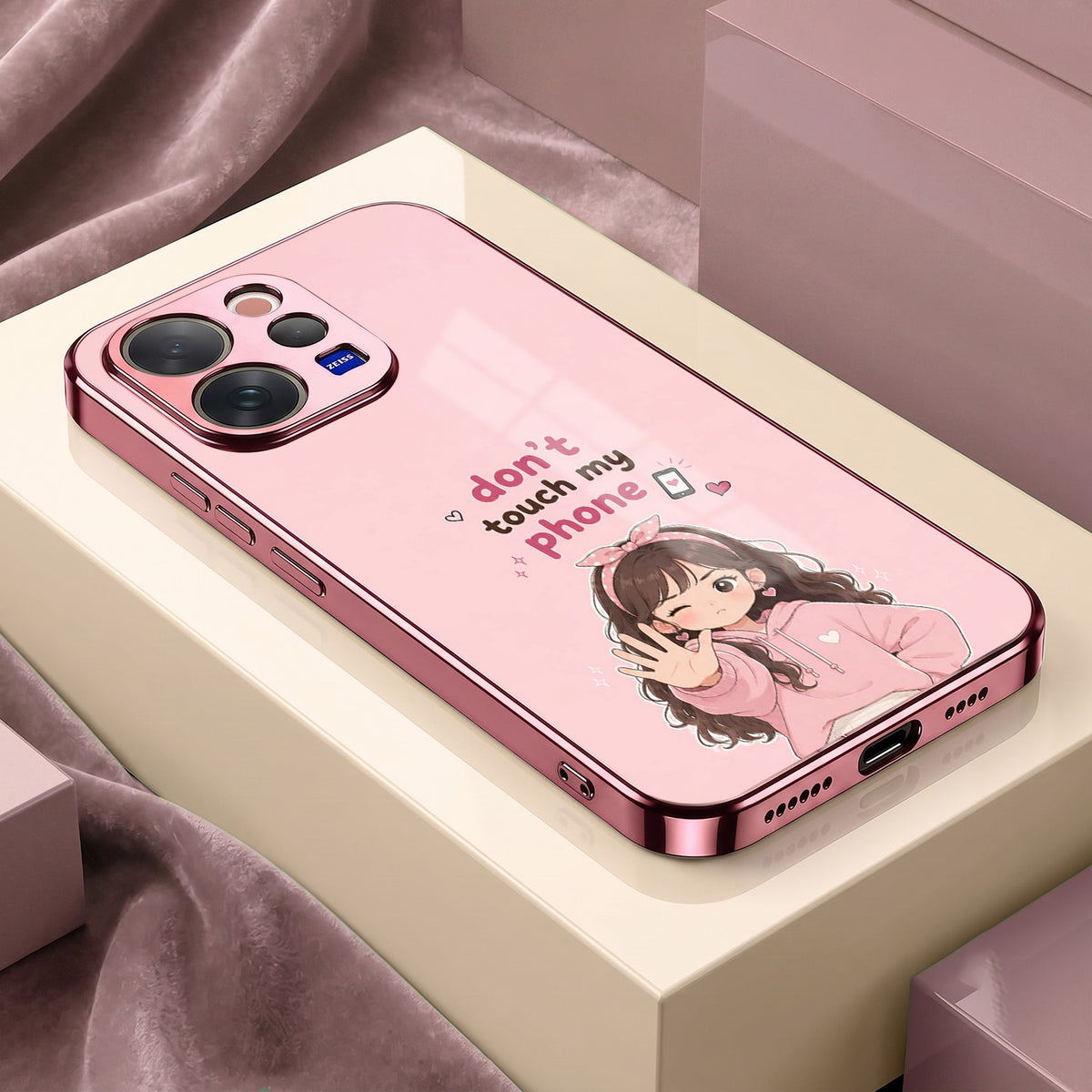 Vivo V70 5G Luxury Anime Girl Pink Electroplated Glass Phone Back Case