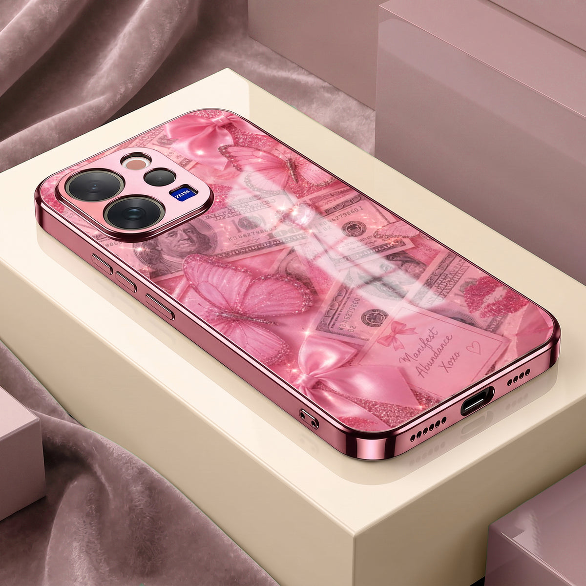 Vivo V70 5G Luxury Dollar Butterfly Pink Electroplated Glass Phone Back Case