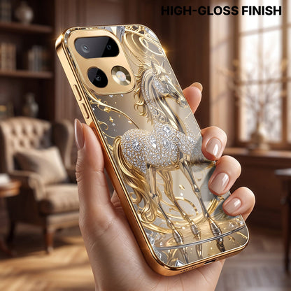 Realme 16 Pro+ 5G Luxury Horse Texture Gold Electroplated Glass Phone Back Case