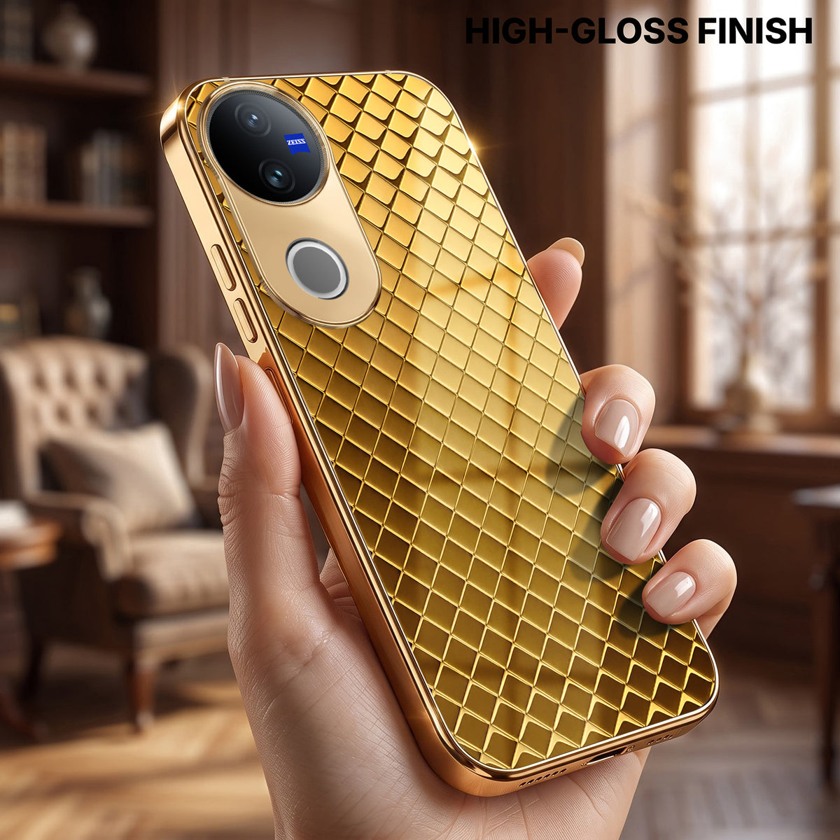 Vivo V50 5G Golden Criss Cross Gold Electroplated Glass Phone Back Case