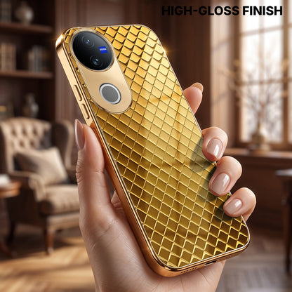 Vivo V50 5G Golden Criss Cross Gold Electroplated Glass Phone Back Case