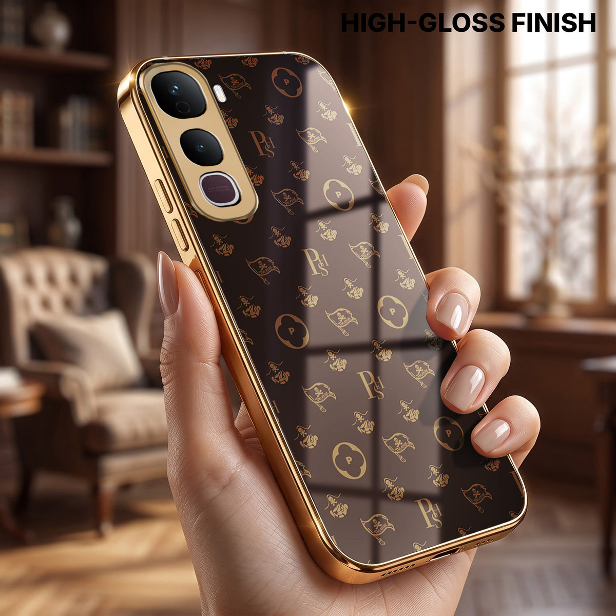 Vivo Y400 Pro 5G Luxury Monogram Brown Gold Electroplated Glass Phone Back Case