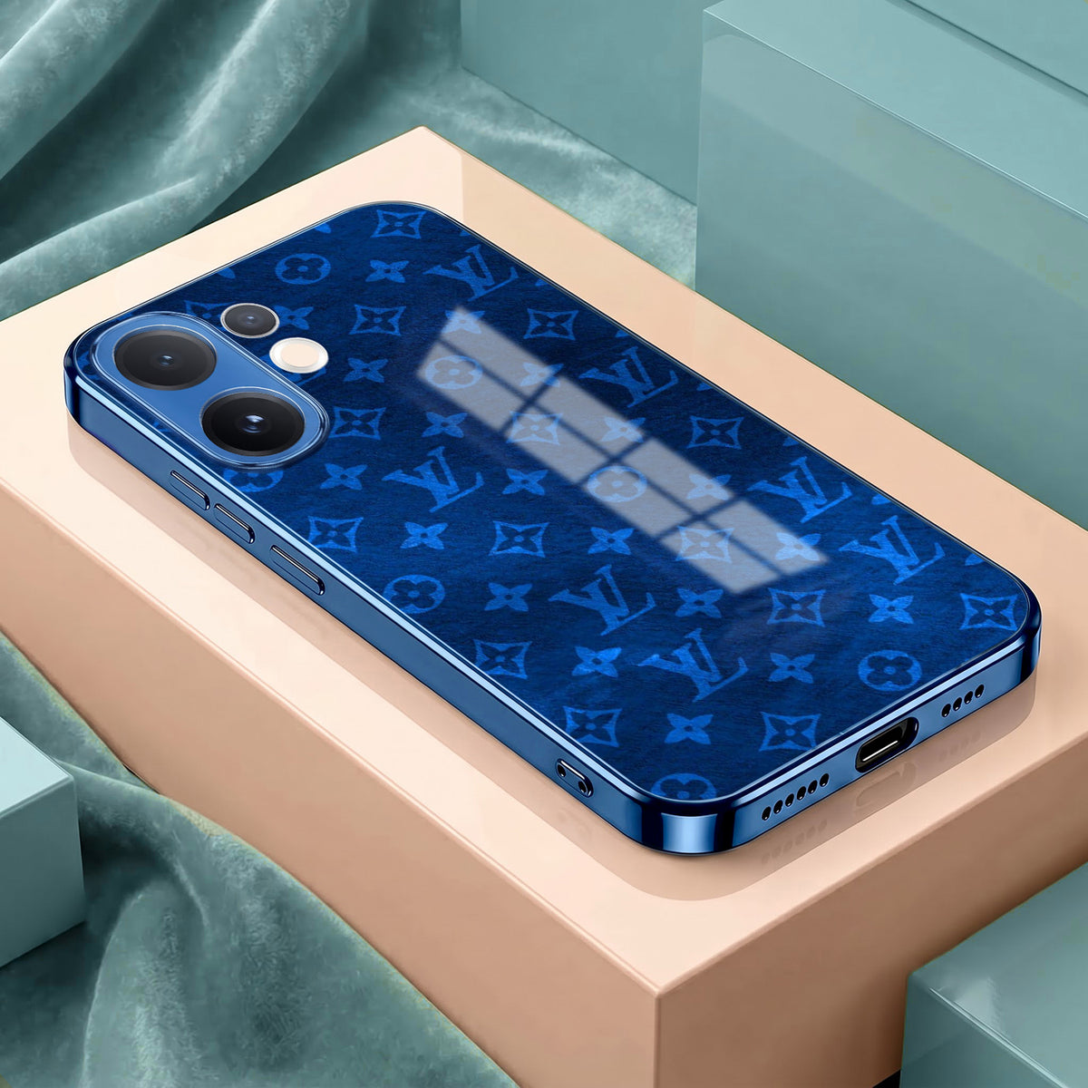 Vivo V60 5G Luxury Monogram Blue Electroplated Glass Phone Back Case