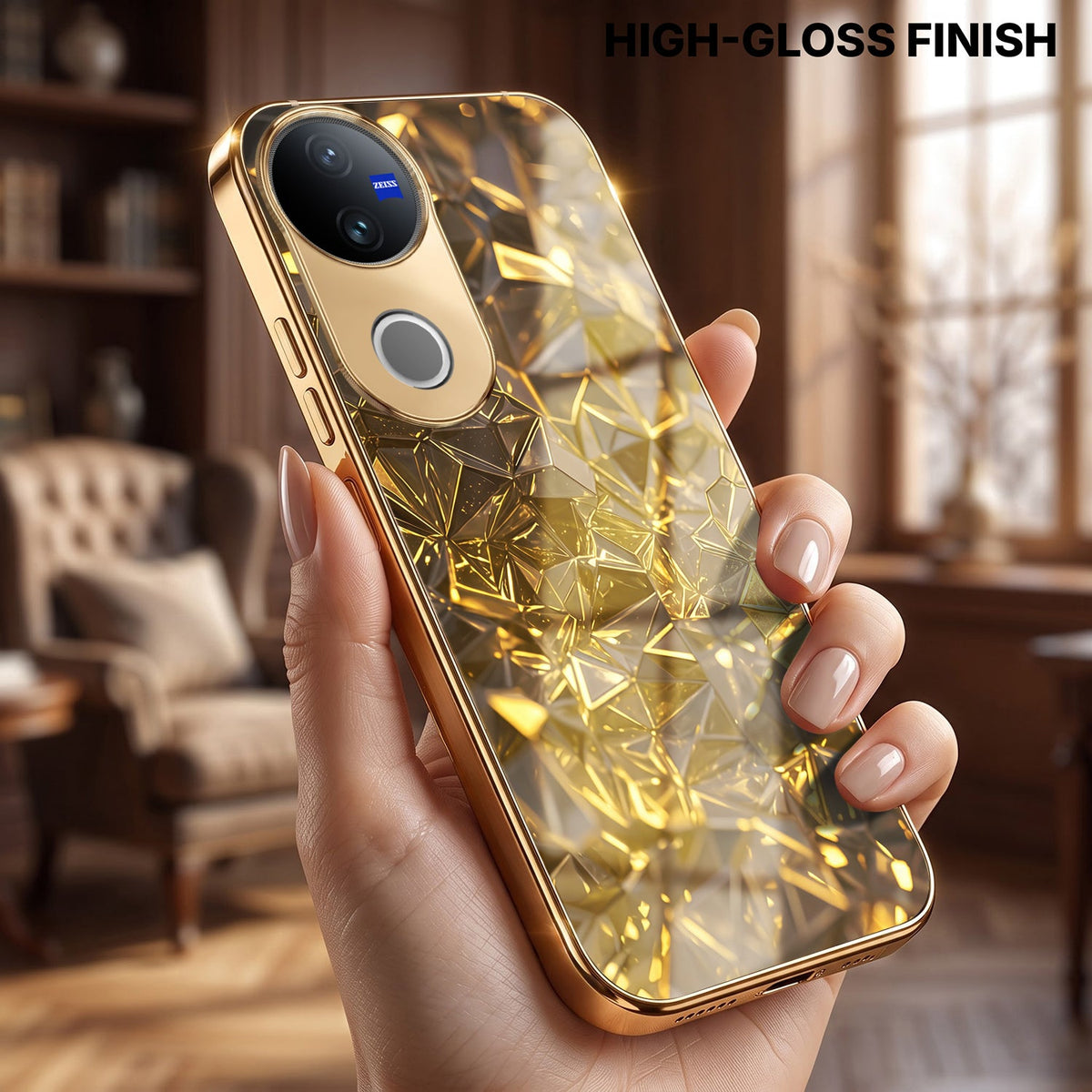 Vivo V50 5G Golden Diamond Shatter Gold Electroplated Glass Phone Back Case