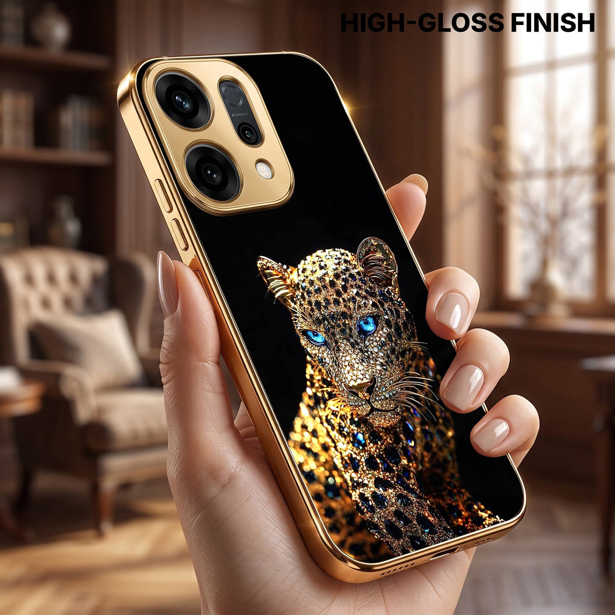 Oppo Reno 14 5G Panther Gold Electroplated Glass Phone Back Case