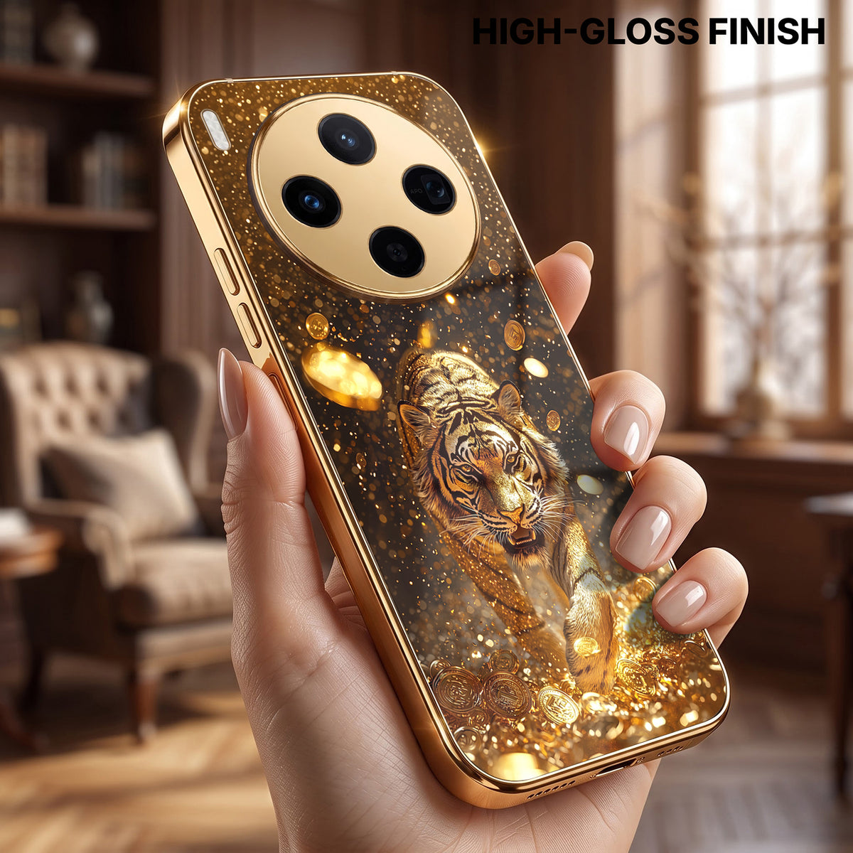 Vivo X300 5G Luxury Tiger Gold Electroplated Glass Phone Back Case