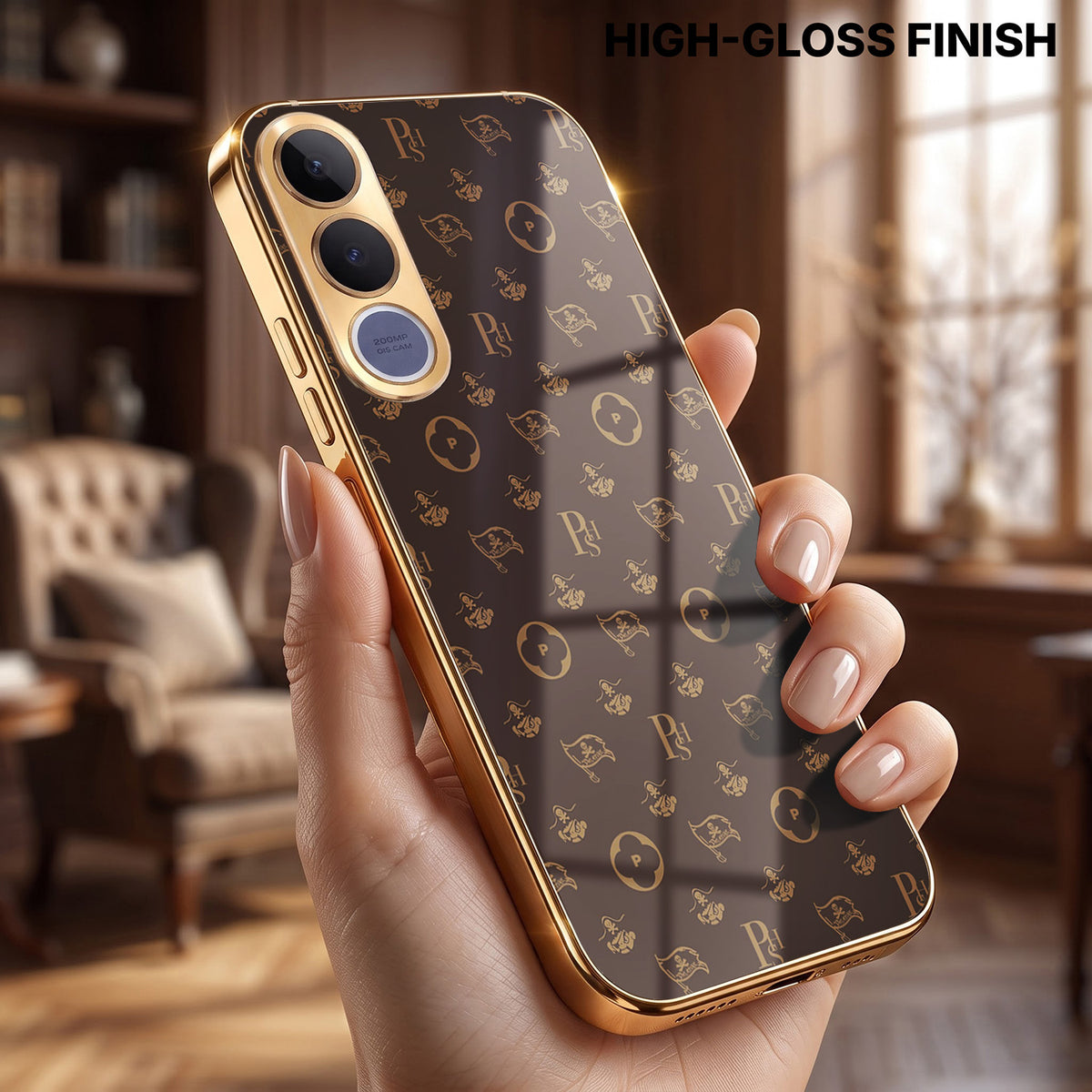 Vivo V70 FE 5G Luxury Monogram Brown Gold Electroplated Glass Phone Back Case
