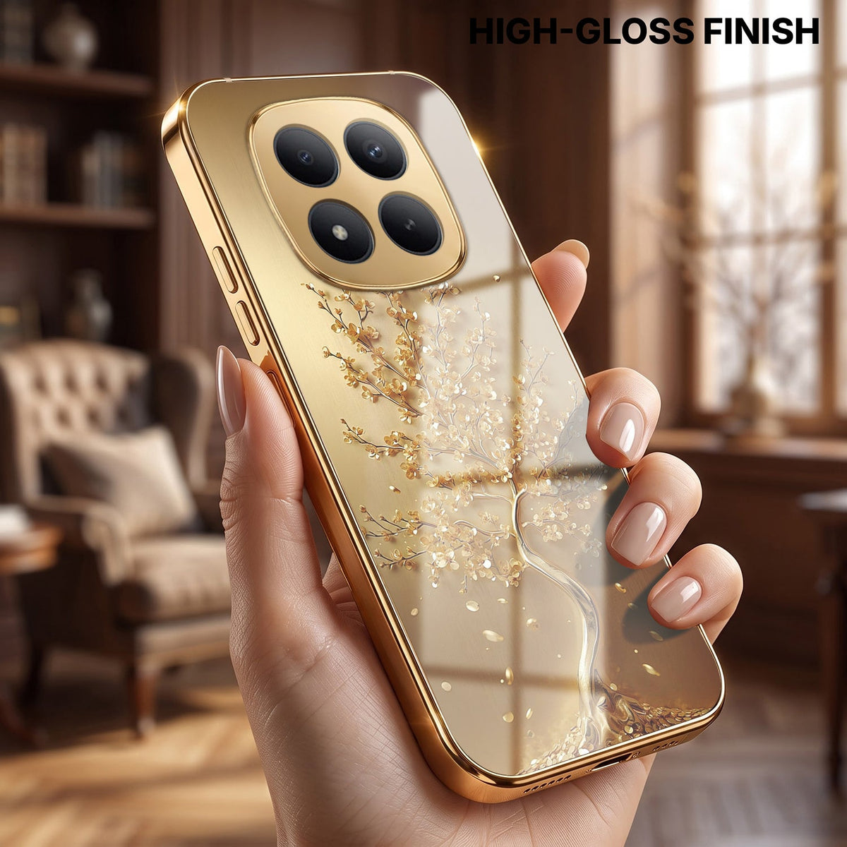 Redmi Note 15 Pro+ 5G Golden Tree Gold Electroplated Glass Phone Back Case