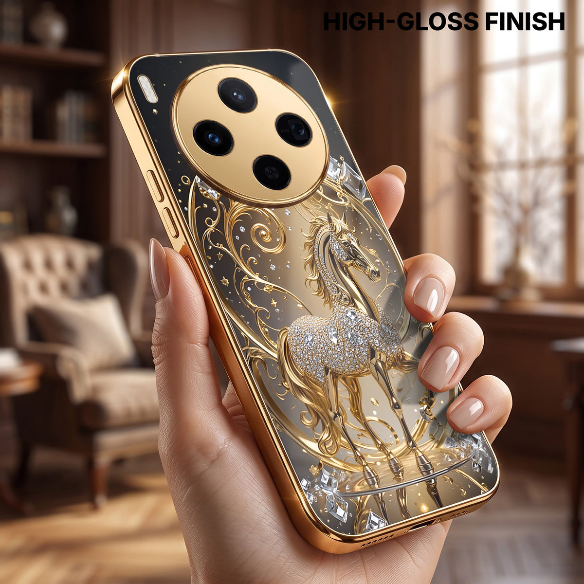 Vivo X300 5G Luxury Horse Texture Gold Electroplated Glass Phone Back Case