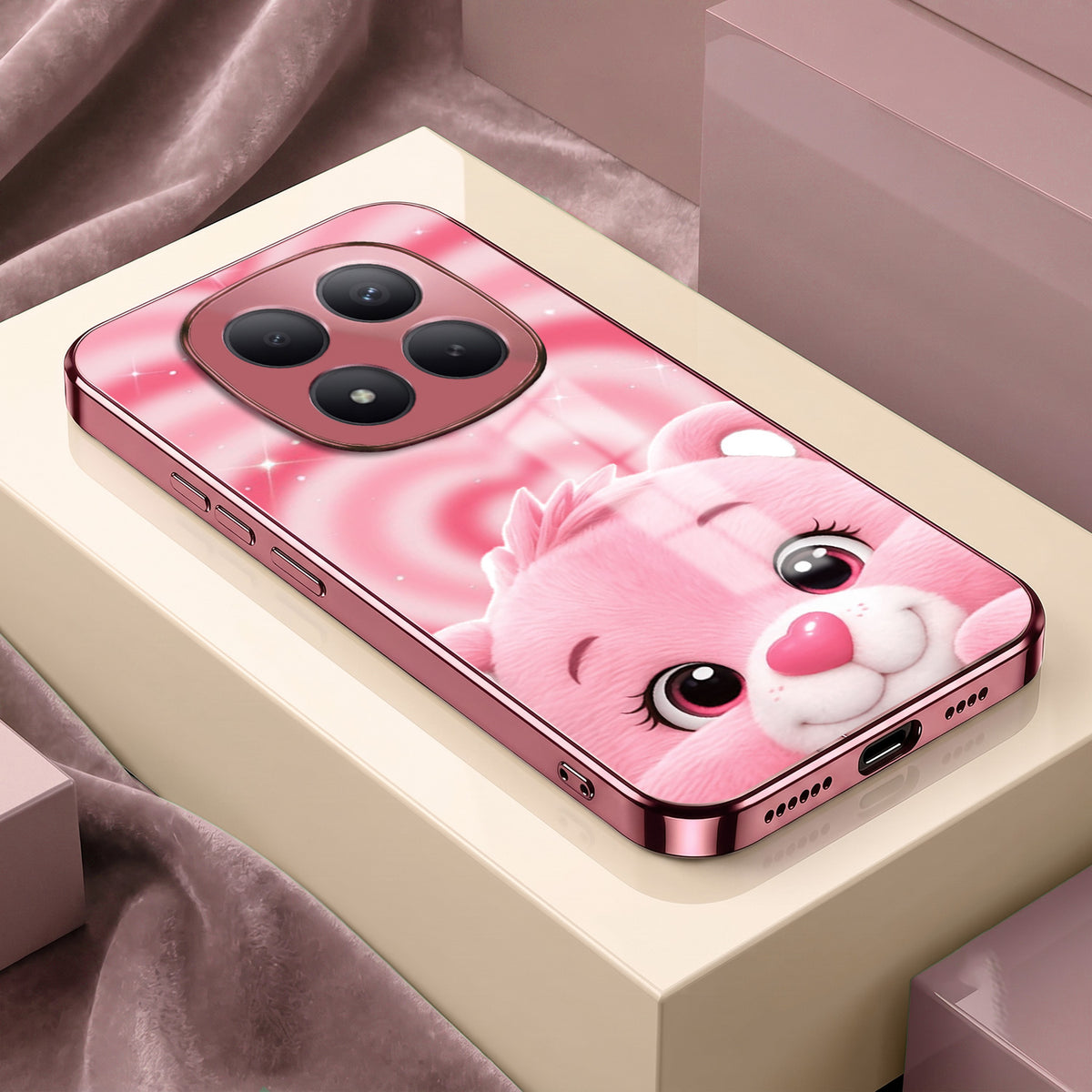 Redmi Note 15 Pro+ 5G Luxury Cute Teddy Pink Electroplated Glass Phone Back Case