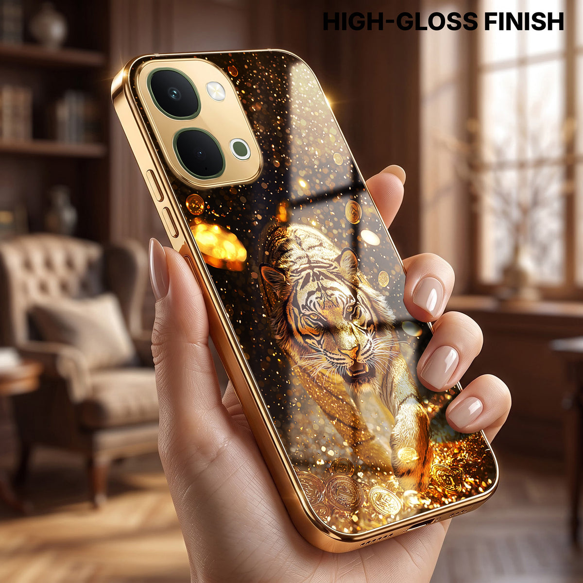 Vivo T5X 5G Luxury Tiger Gold Electroplated Glass Phone Back Case