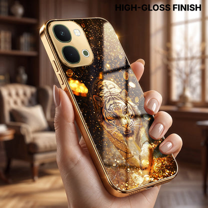 Vivo T5X 5G Luxury Tiger Gold Electroplated Glass Phone Back Case