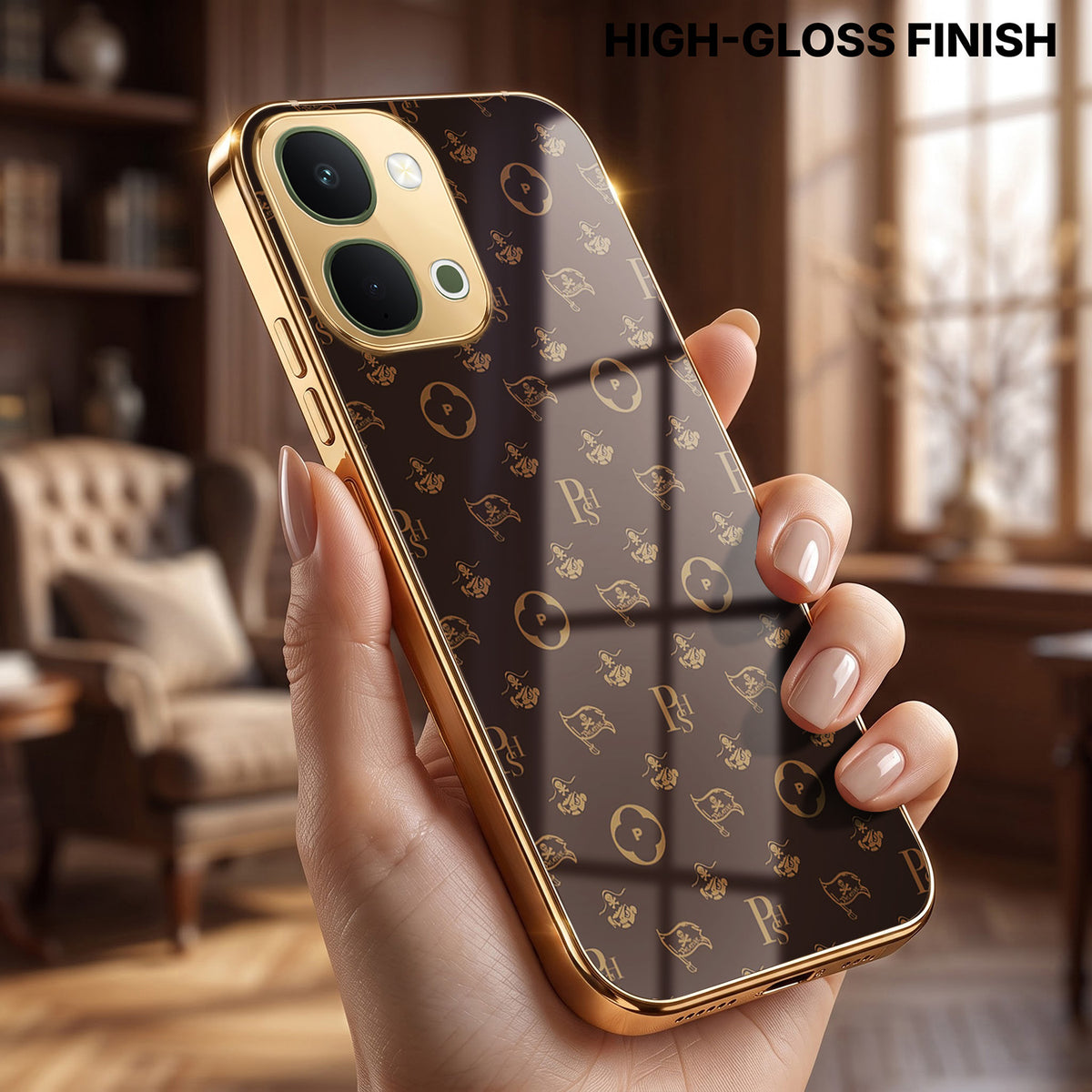 Vivo T5X 5G Luxury Monogram Brown Gold Electroplated Glass Phone Back Case
