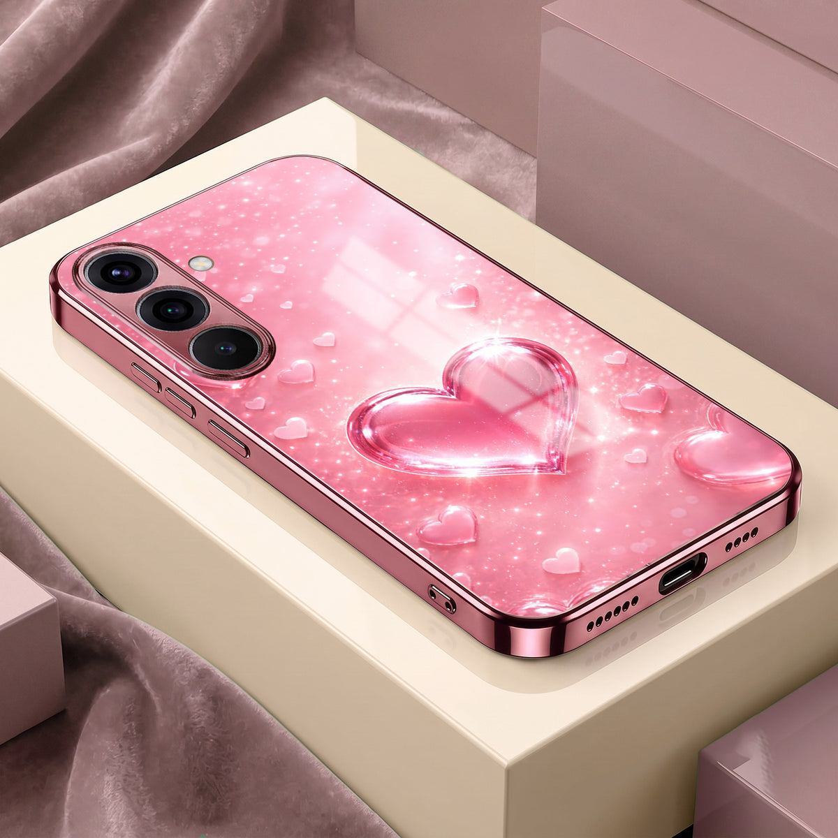 Samsung Galaxy A56 5G Luxury 3D Jelly Heart Pink Electroplated Glass Phone Back Case