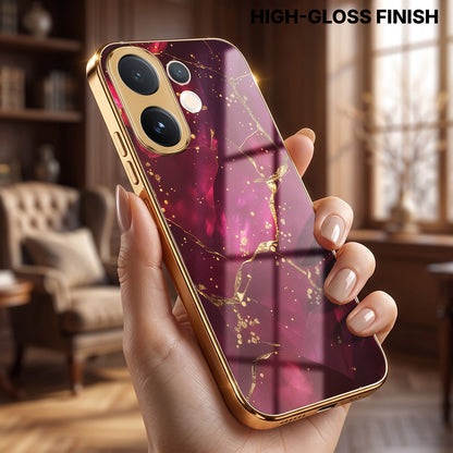 Vivo V60 5G Luxury Crimson Marble Gold Electroplated Glass Phone Back Case