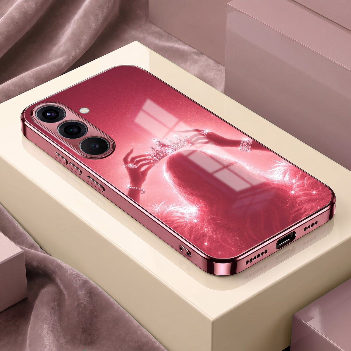 Samsung Galaxy A36 5G Luxury Crown Queen Pink Electroplated Glass Phone Back Case