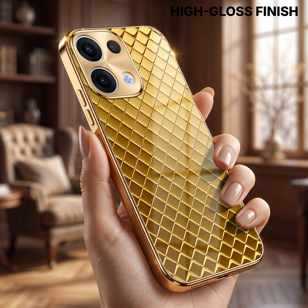 Oppo Reno 13 5G Golden Criss Cross Gold Electroplated Glass Phone Back Case