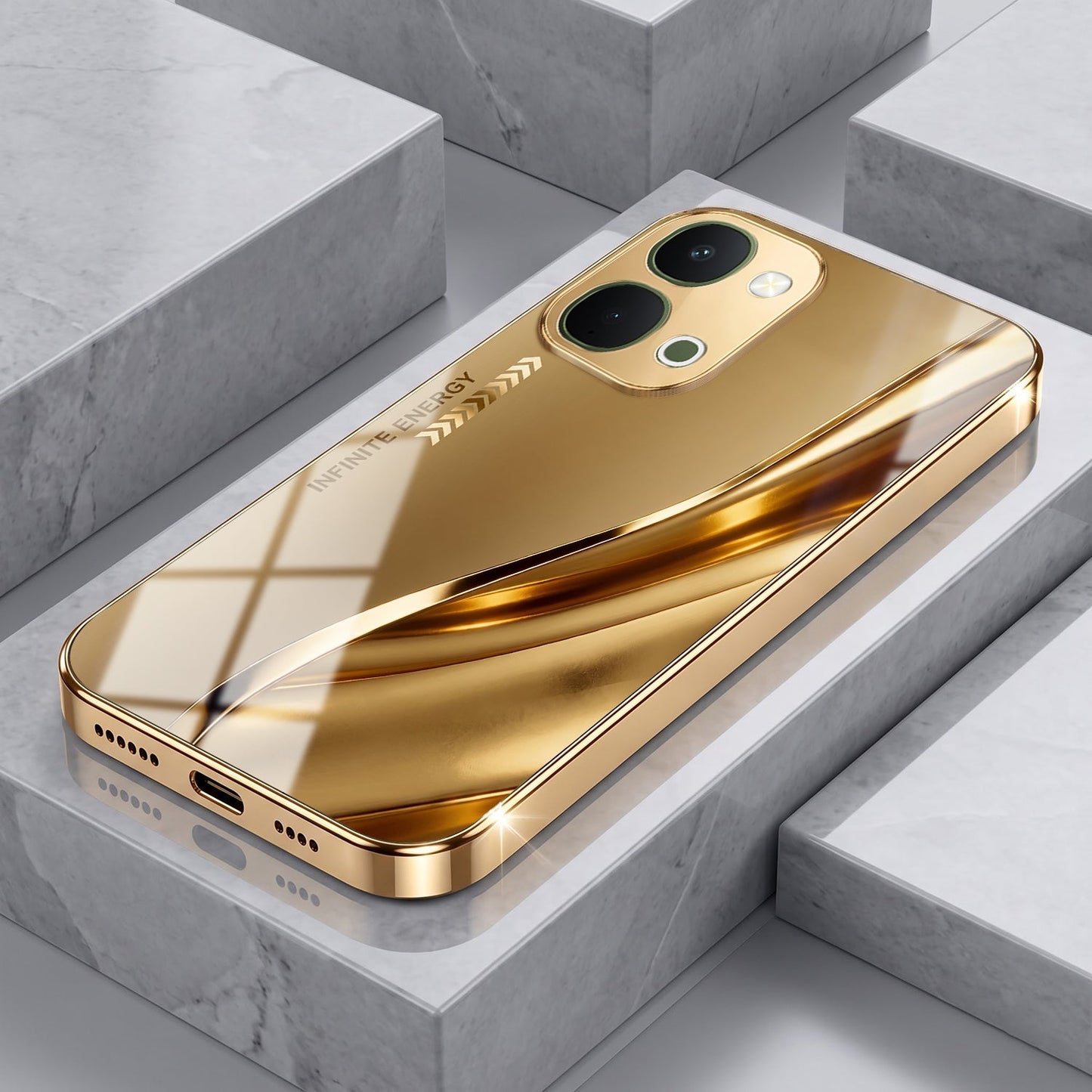 Vivo T5X 5G Luxury Infinity Energy Gold Electroplated Glass Phone Case