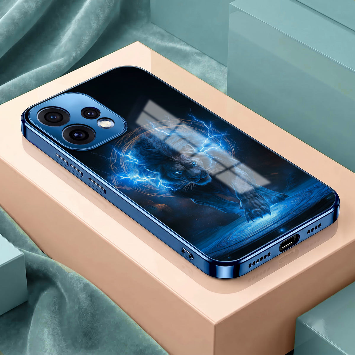 Oppo Reno 15 5G Blue Spirit Tiger Blue Electroplated Glass Phone Back Case