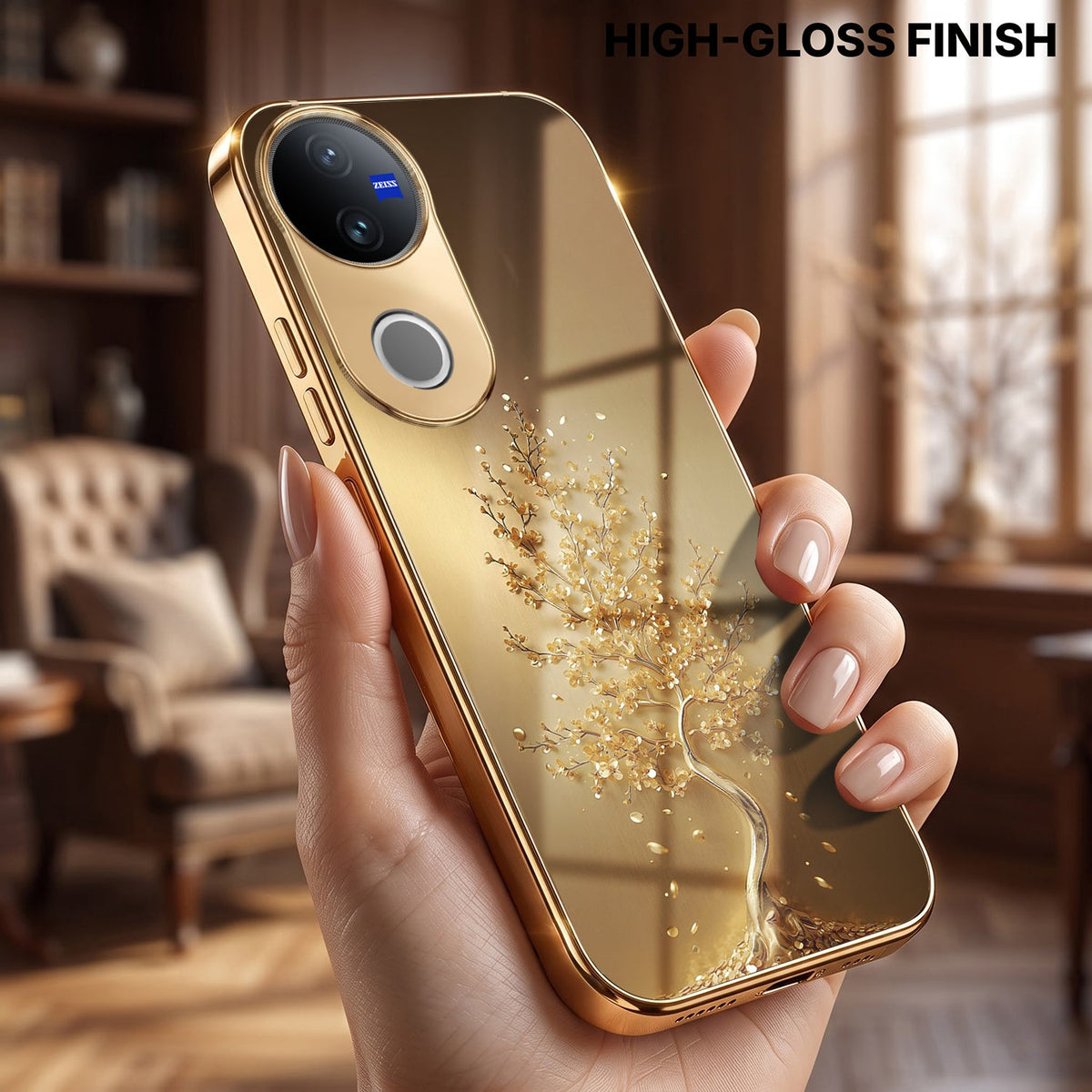 Vivo V50 5G Golden Tree Gold Electroplated Glass Phone Back Case
