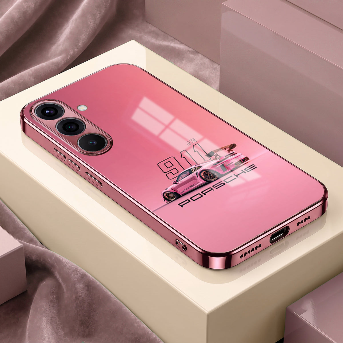 Samsung Galaxy A36 5G Luxury Porsche 911 Pink Electroplated Glass Phone Back Case