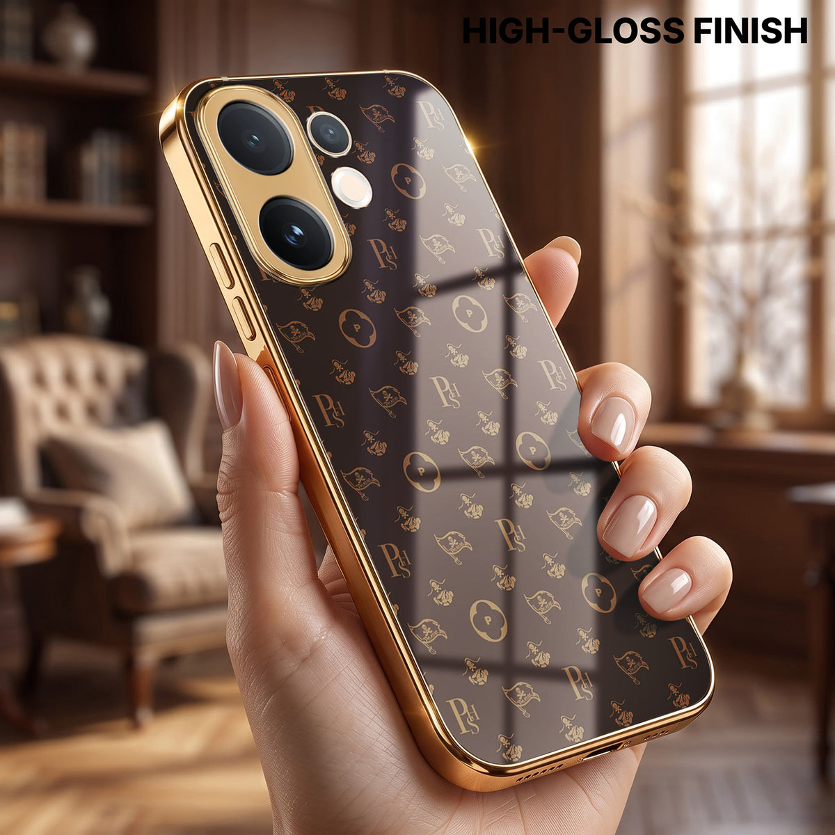 Vivo V60 5G Luxury Monogram Brown Gold Electroplated Glass Phone Back Case